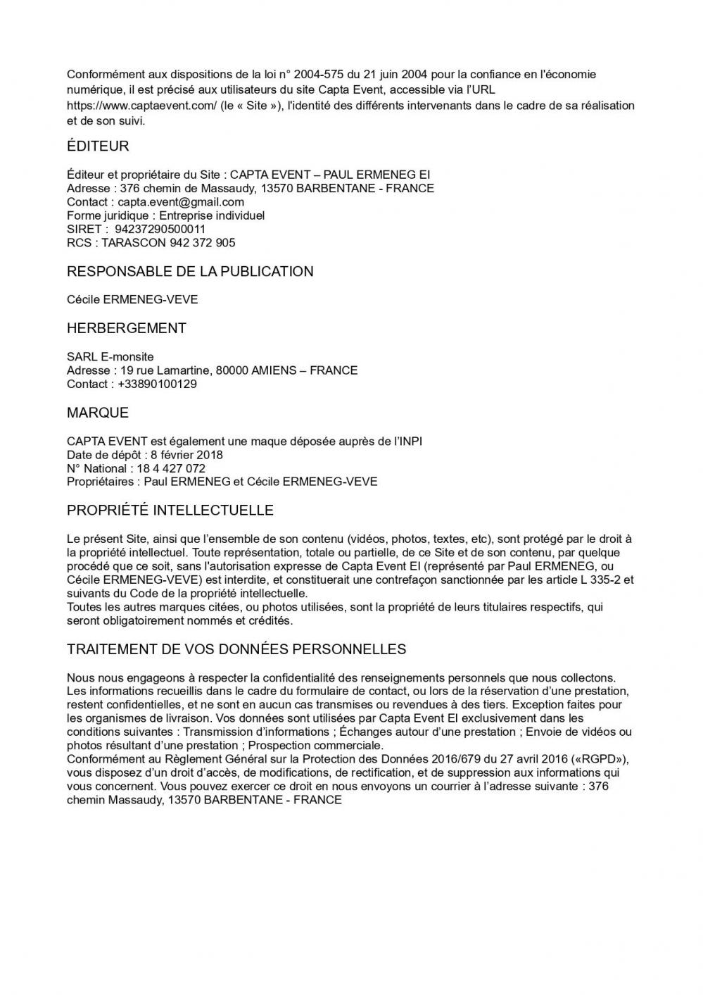 Mention Legales site captaevent.com
